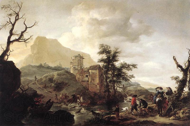 WOUWERMAN, Philips Stag Hunt in a River iut7 Norge oil painting art